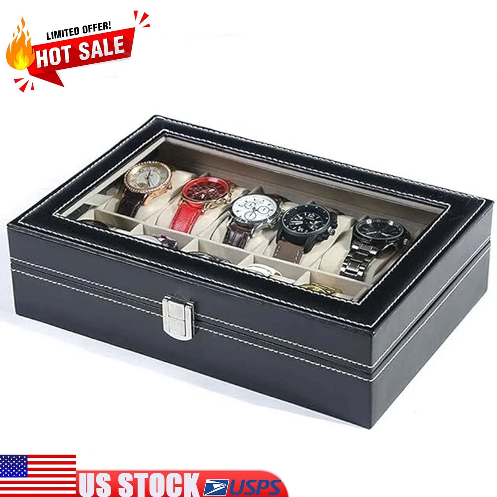 12 Slots PU Leather Wrist Watch Display Box Storage Holder Organizer Case US