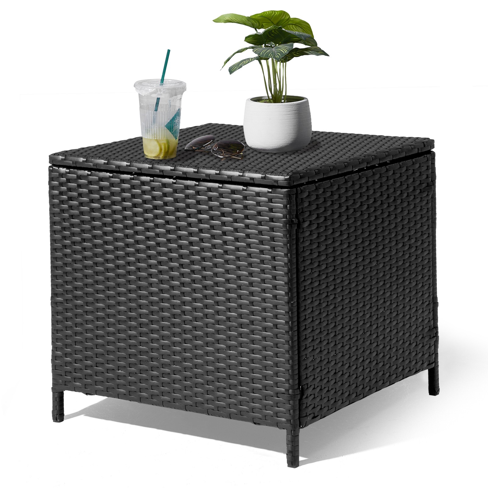 Outdoor PE Wicker Side Table with Storage, Patio Rattan End Table Square , Black