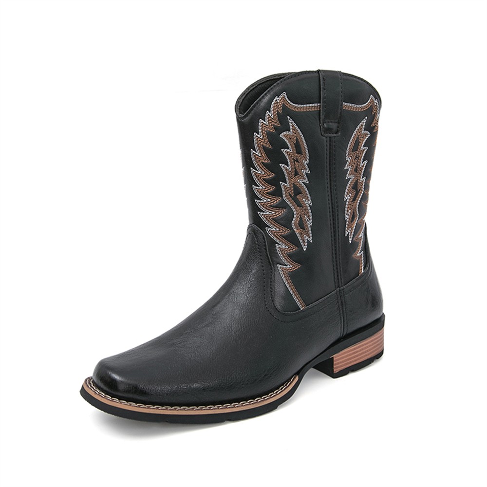 Mens Western Cowboy Boots Retro Embroidered Square Toe Mid-Calf Boots