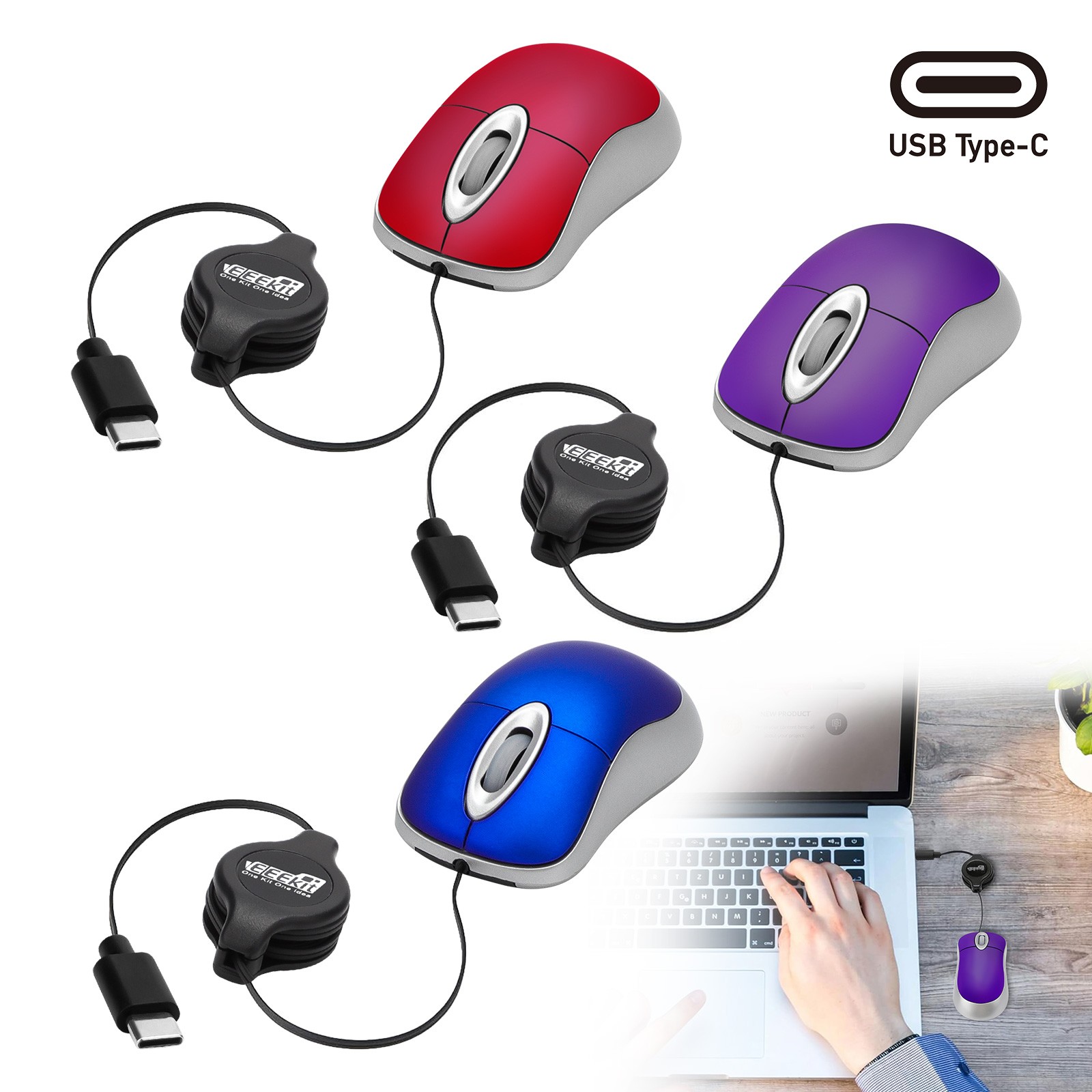USB C Wired Mouse for PC Laptop Computer Optical Mice w/ Retractable Cord Cable