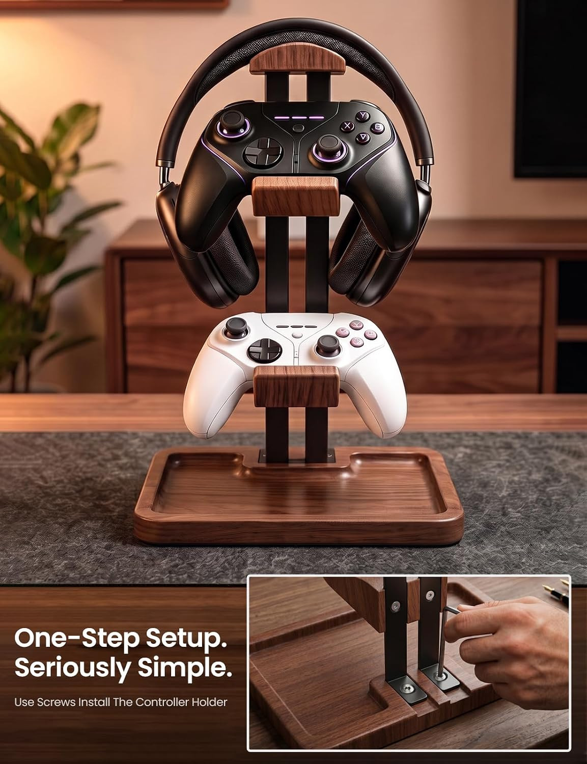 LOXP Walnut Headphone and Controller Stand, 2-In-1 Holder with Storage | Solid W