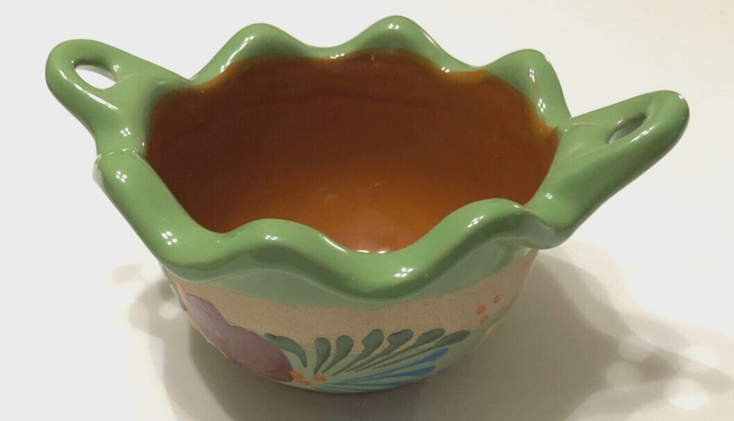 Set of 2 Mexican Salsera Engobe Flower Design Cazuela Green Bowl Salsa 6"