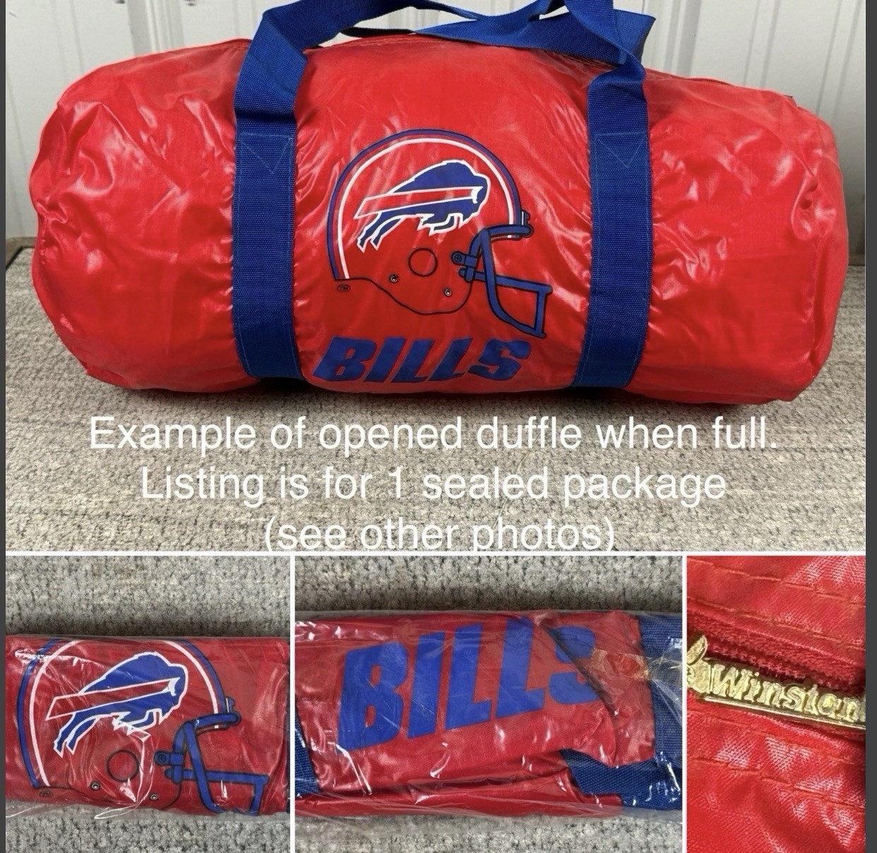 Vtg BUFFALO BILLS Red Blue Duffle Bag Helmet Logo Winston Zipper NFL Football
