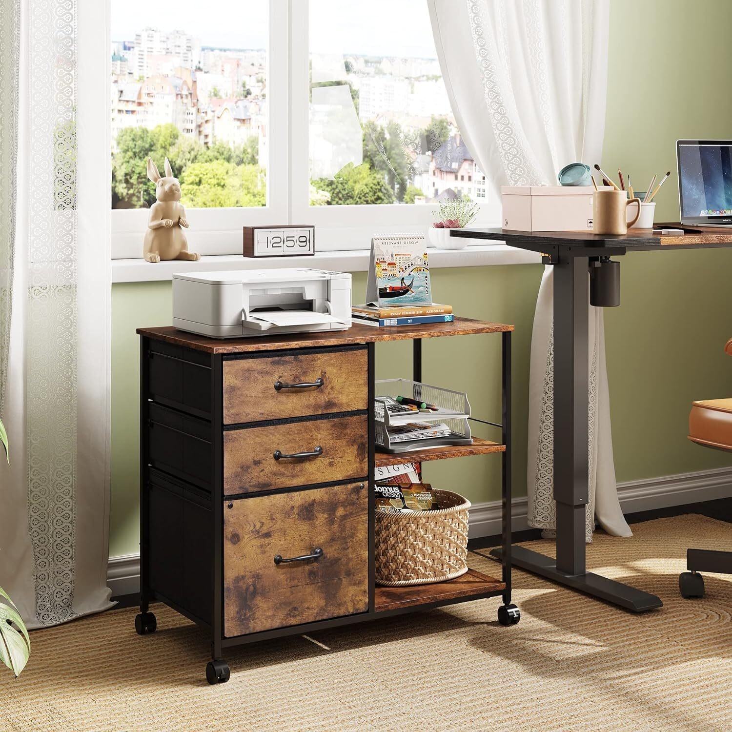 3 Drawer Mobile File Cabinet Rolling Printer Stand W/ Open Storage Shelf Office