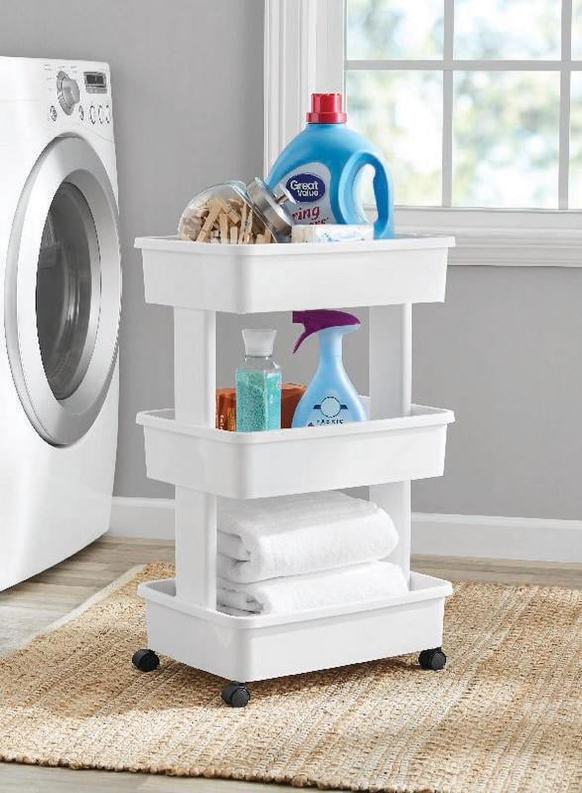 Mainstays 3-Tier Plastic Rolling Laundry Cart, Arctic White