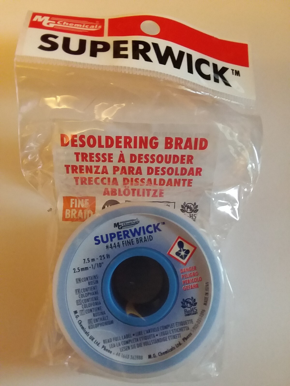 MG Chemicals Desoldering Braid #4 Fine Braid Super Wick with RMA Flux, 25' Le...