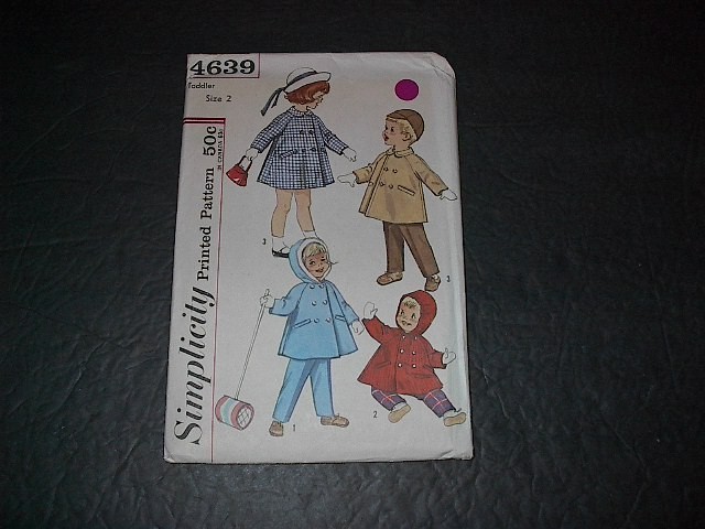 Simplicity Pattern 4639 Toddlers' Coat, Hooded Coat and Pants  Size 2  Uncut