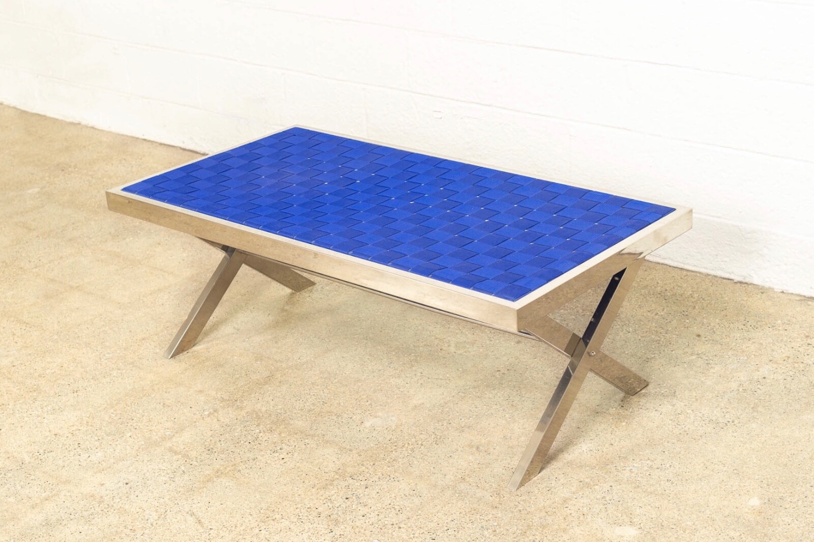 Mid Century Modern Milo Baughman Style Chrome and Blue Strap Bench 1980s