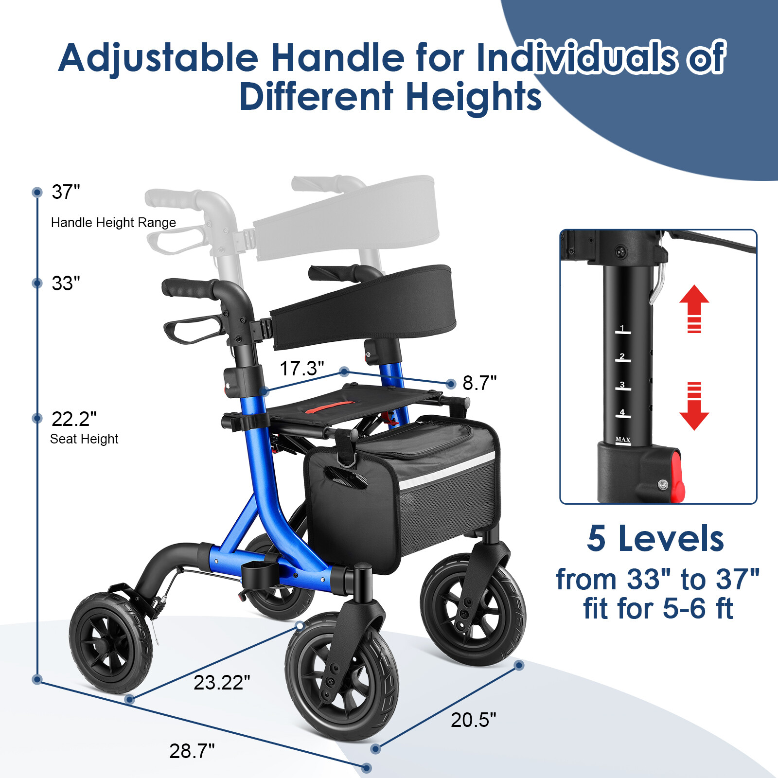All-Terrain Rollator Walker with Non-Pneumatic Tire and 12'' Front Rubber Wheels