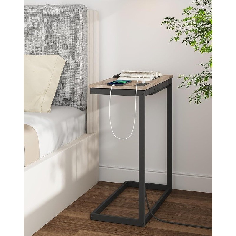 C Shaped End Table W/ Charging Station Adjustable Tilt Side Table USB Type-C