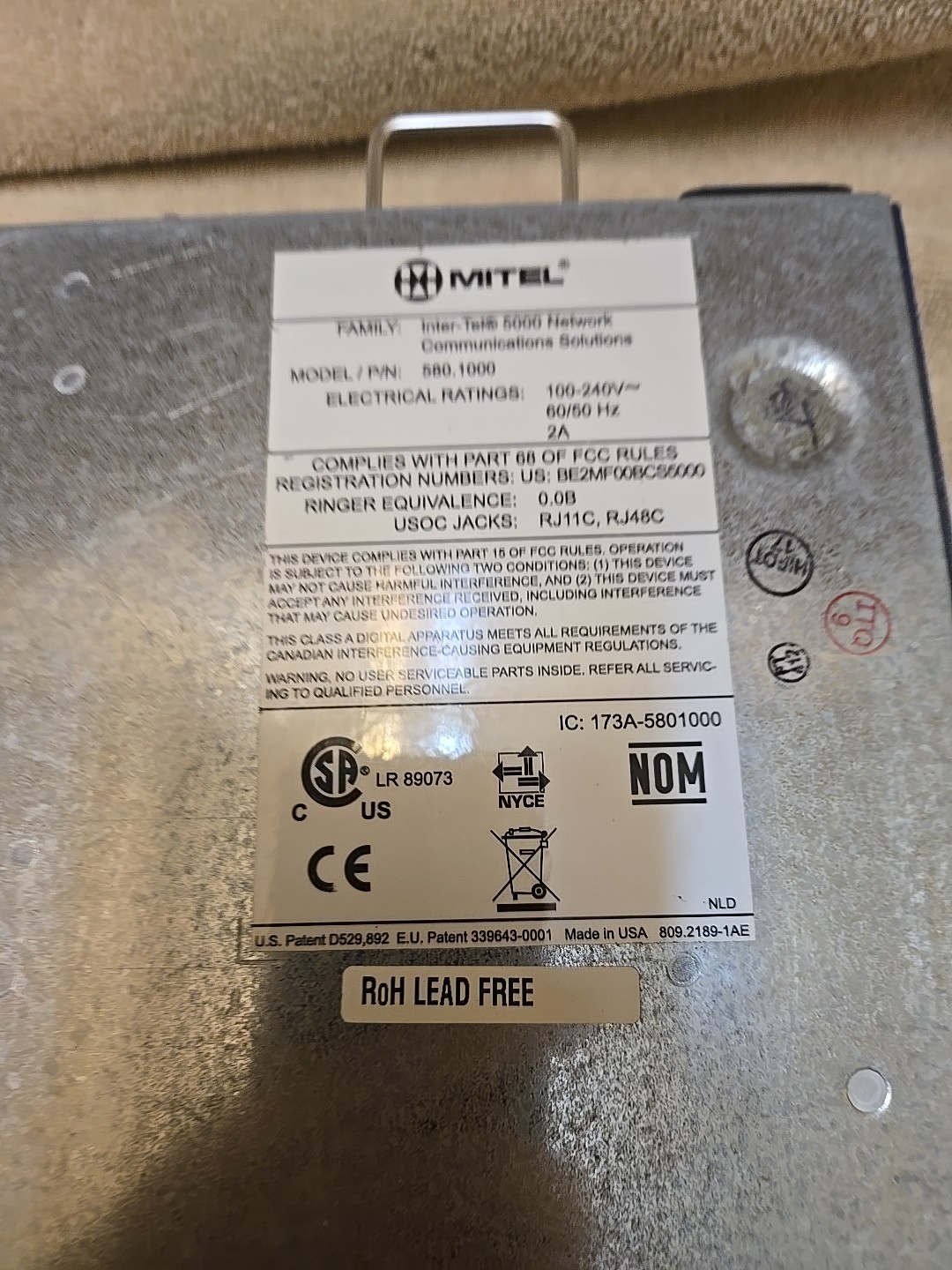 Inter-Tel/Mitel 5000 Main Cabinet 580.1000