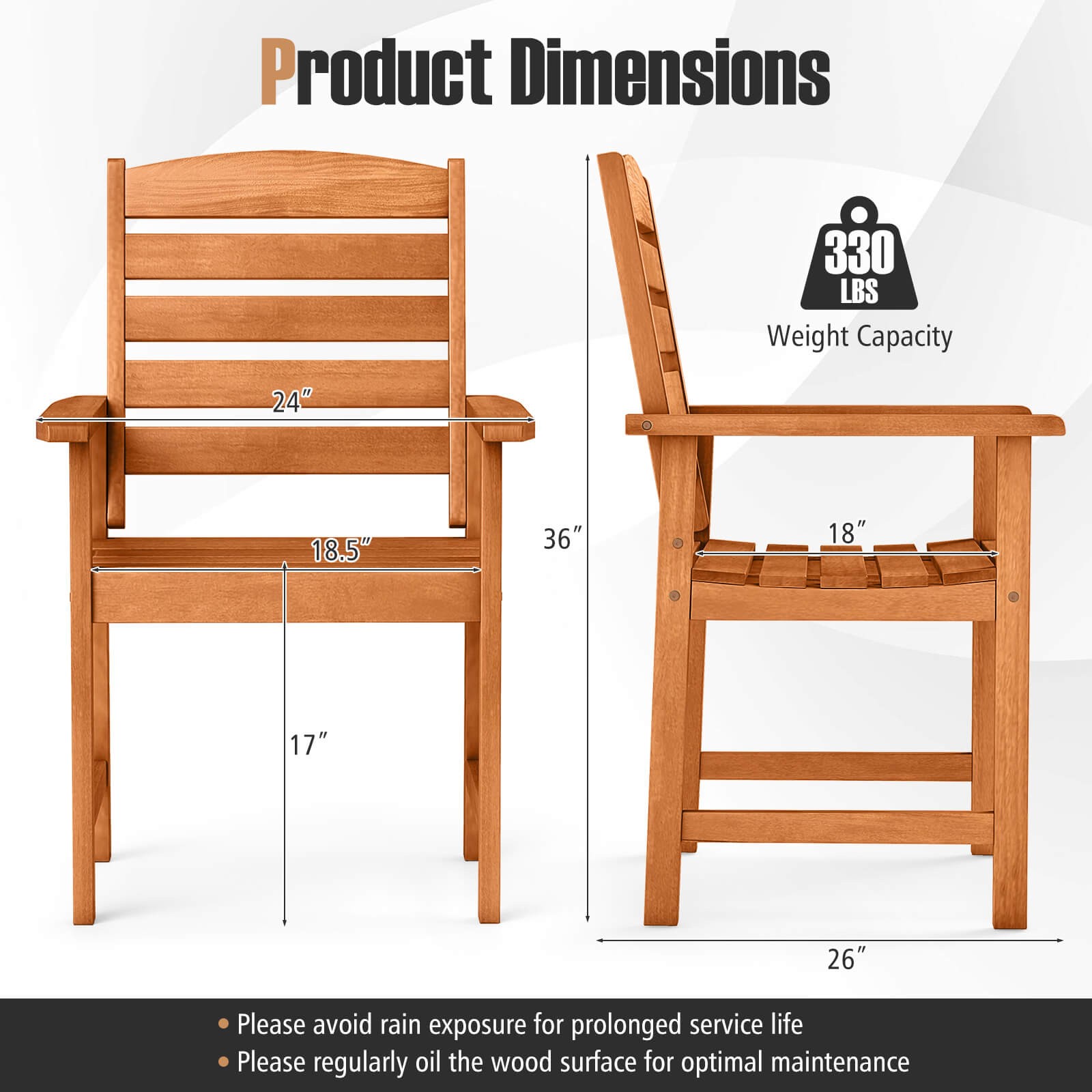 Patio Chairs 2PCS with Inclined Backrests and Slatted Seats for Deck
