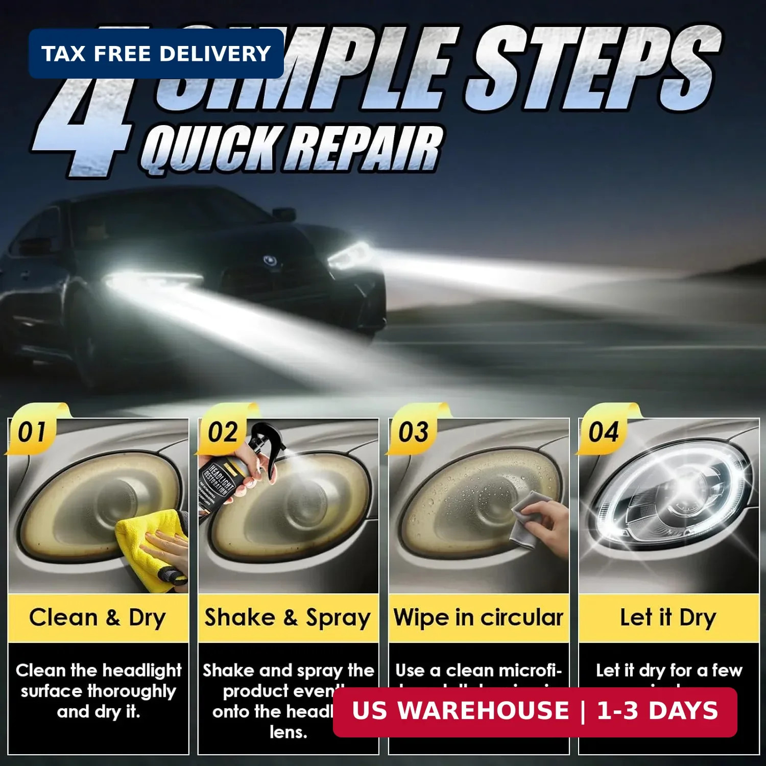 Headlight Restoration Kit, Instantly Restores Yellowing, Oxidation and Cloudy, B