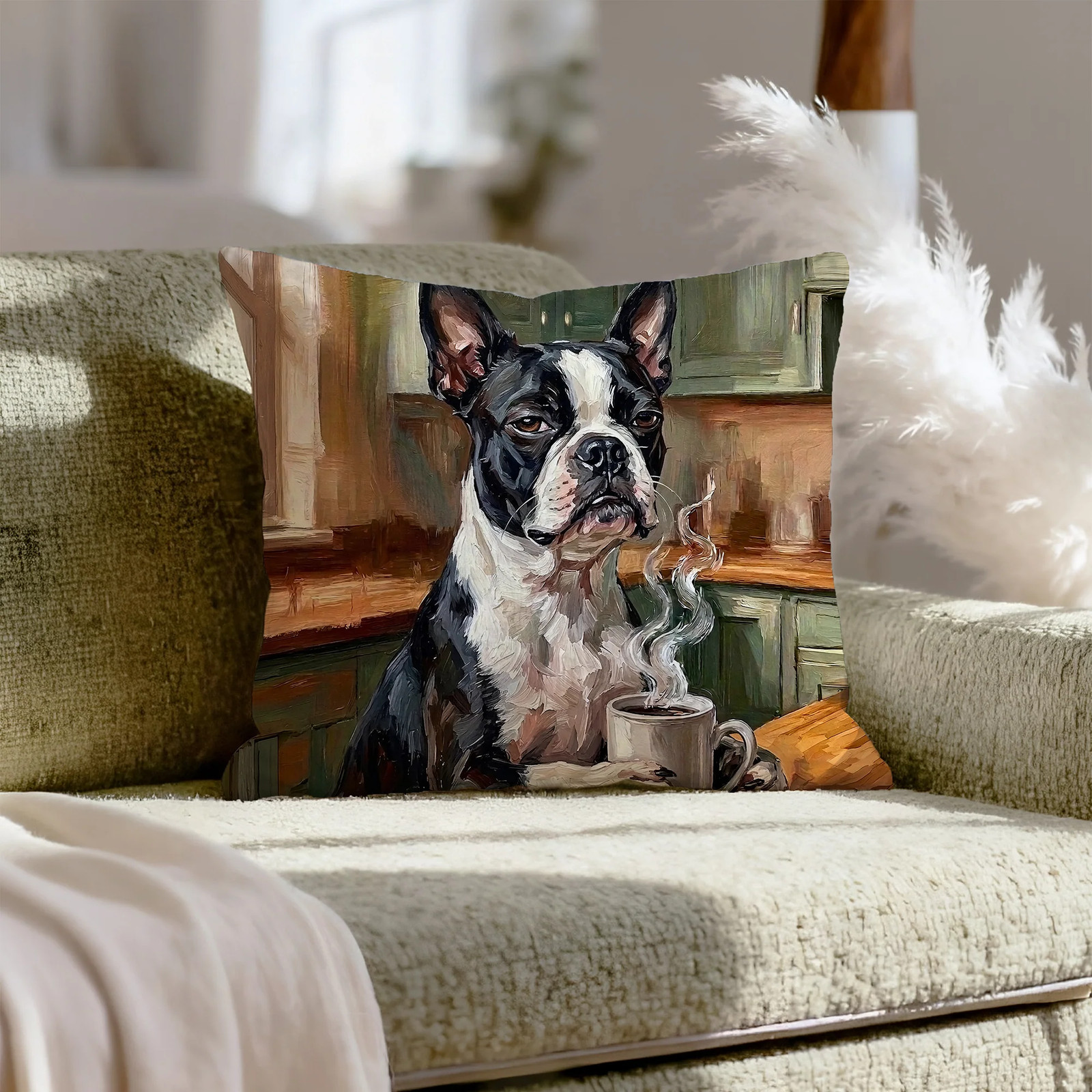 "Before Coffee" - Boston Terrier Pillow Cover - Dog Lover Home Decor