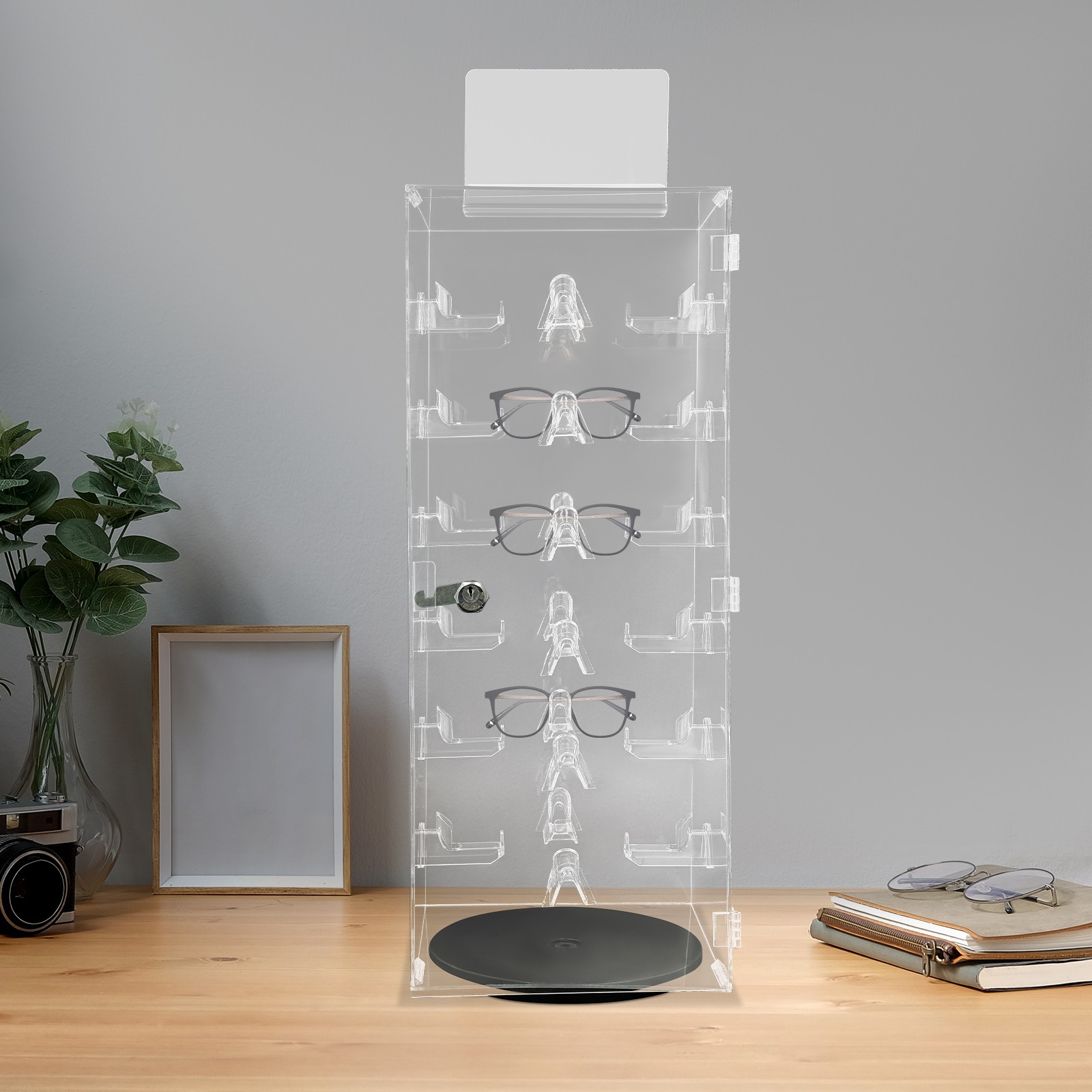 Acrylic Eyeglass Display Case - 360° Rotating Lockable Organizer for 24 Pairs