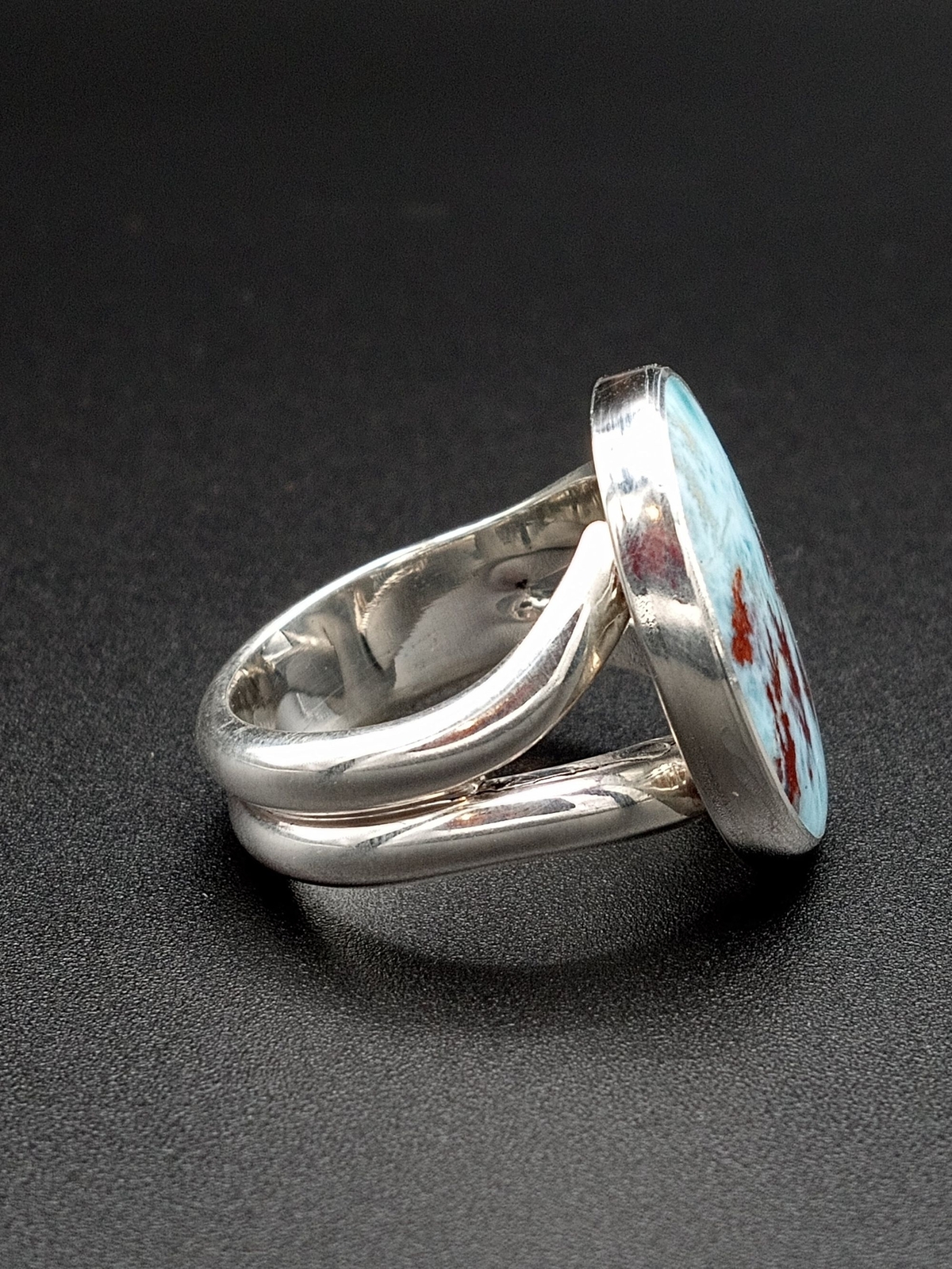 Handmade Wide Oval Dendritic Larimar Ring - Size 7