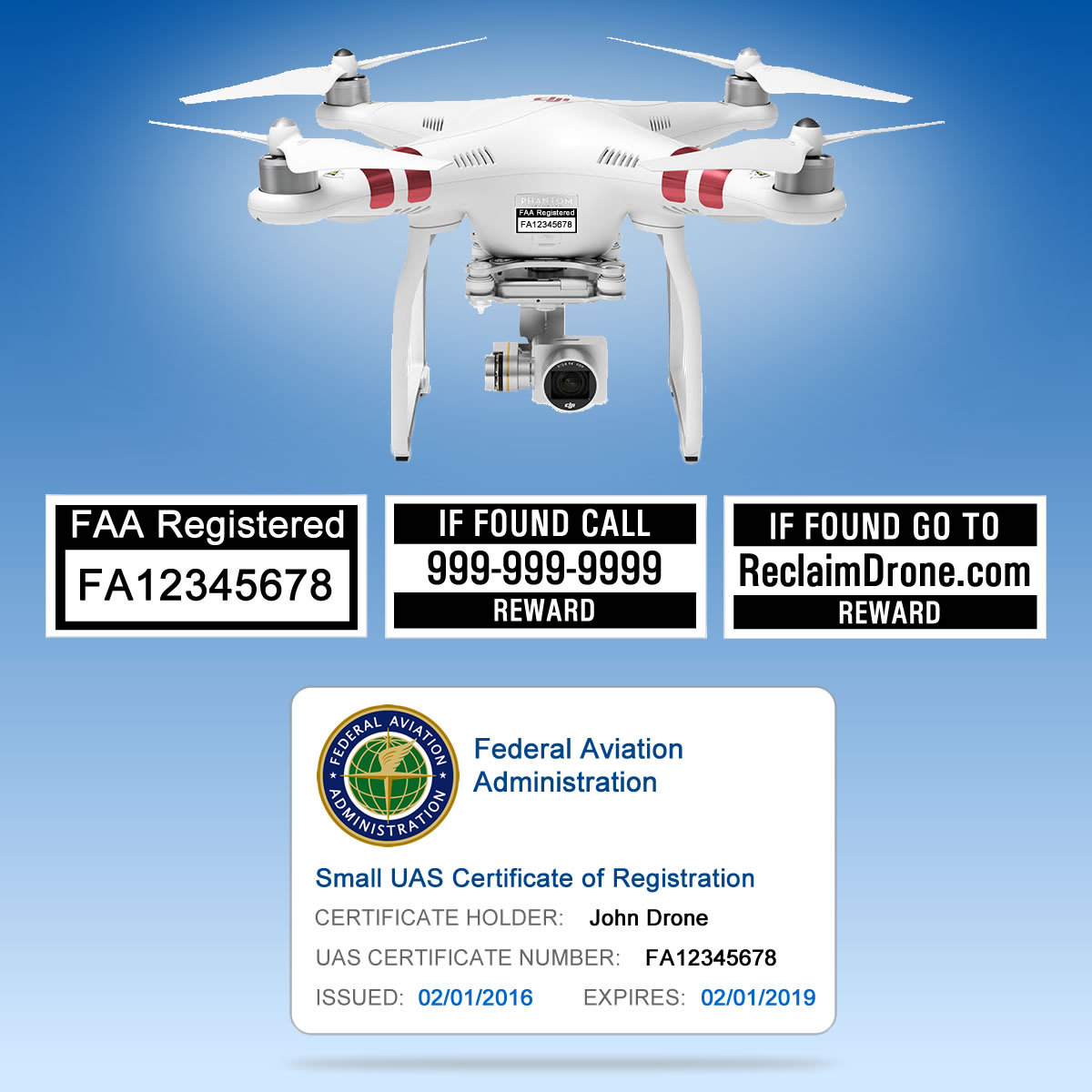 Drone FAA UAS Certificate of Registration ID Card + Label set - Hobbyist Pilot