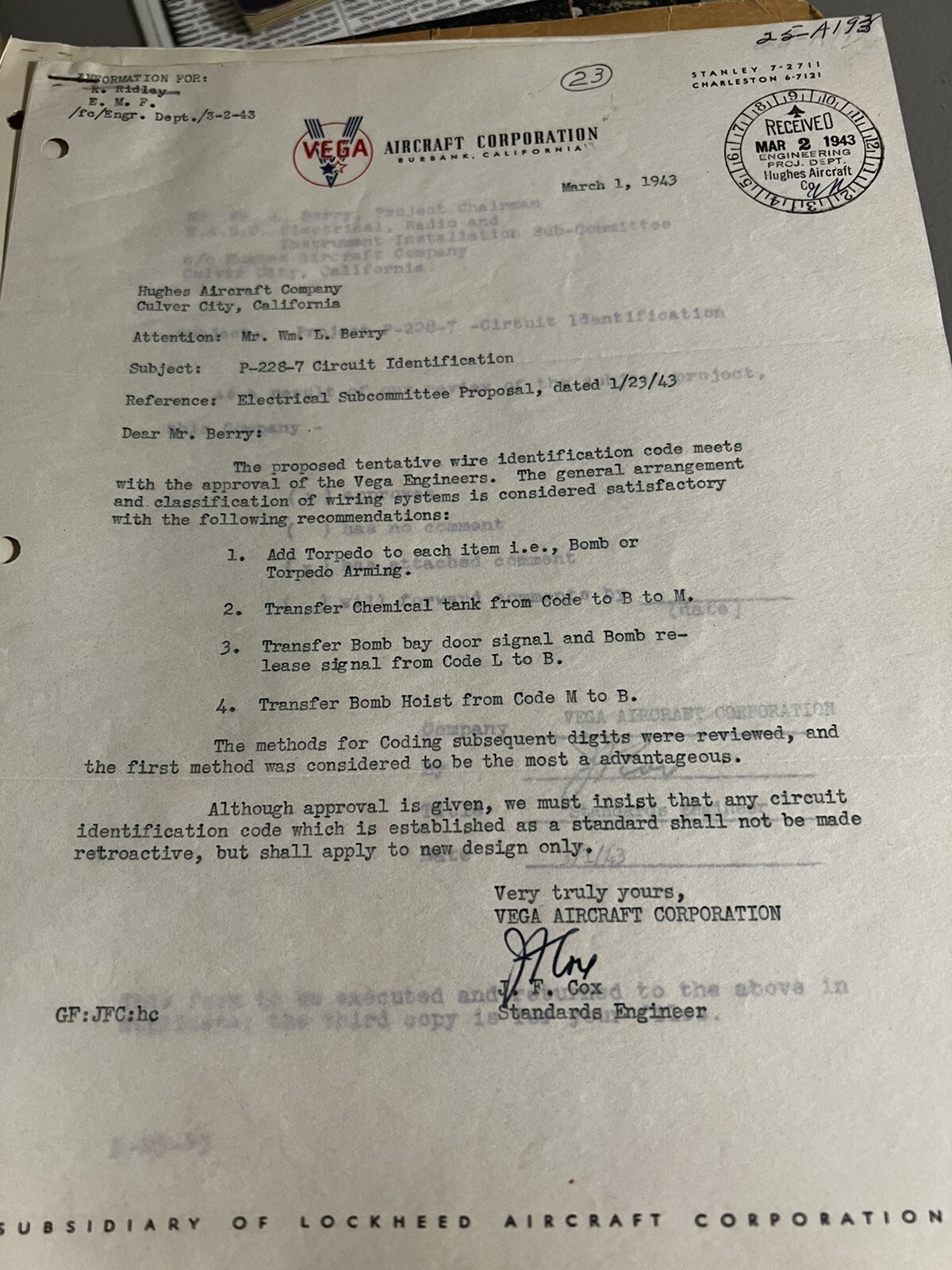 WWII 1943 Vega Aircraft Corporation Letter/Response To Hughes Aircraft Company