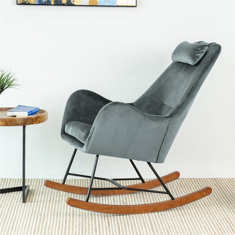 Pemberly Row Mid-Century Tight Back Velvet Rocking Chair in Dark Grey