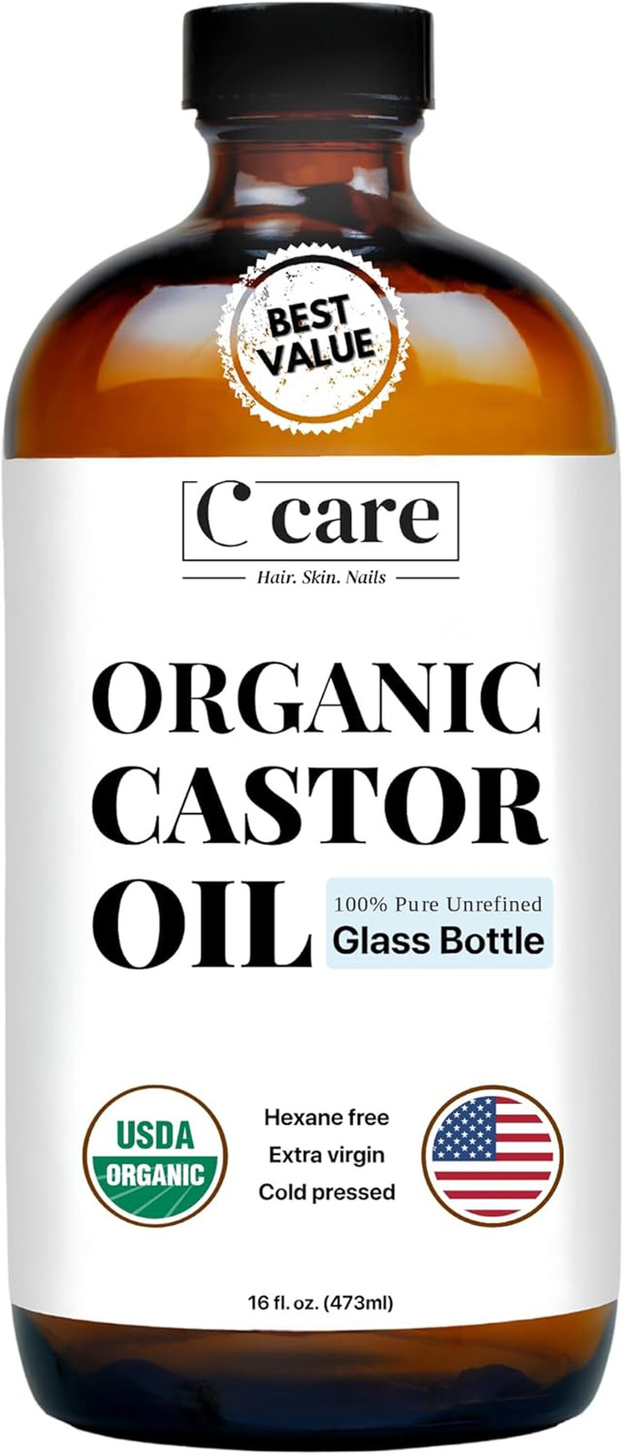 Castor Oil 100% Pure Organic Cold Pressed Unrefined Glass Bottle | USDA Certifie