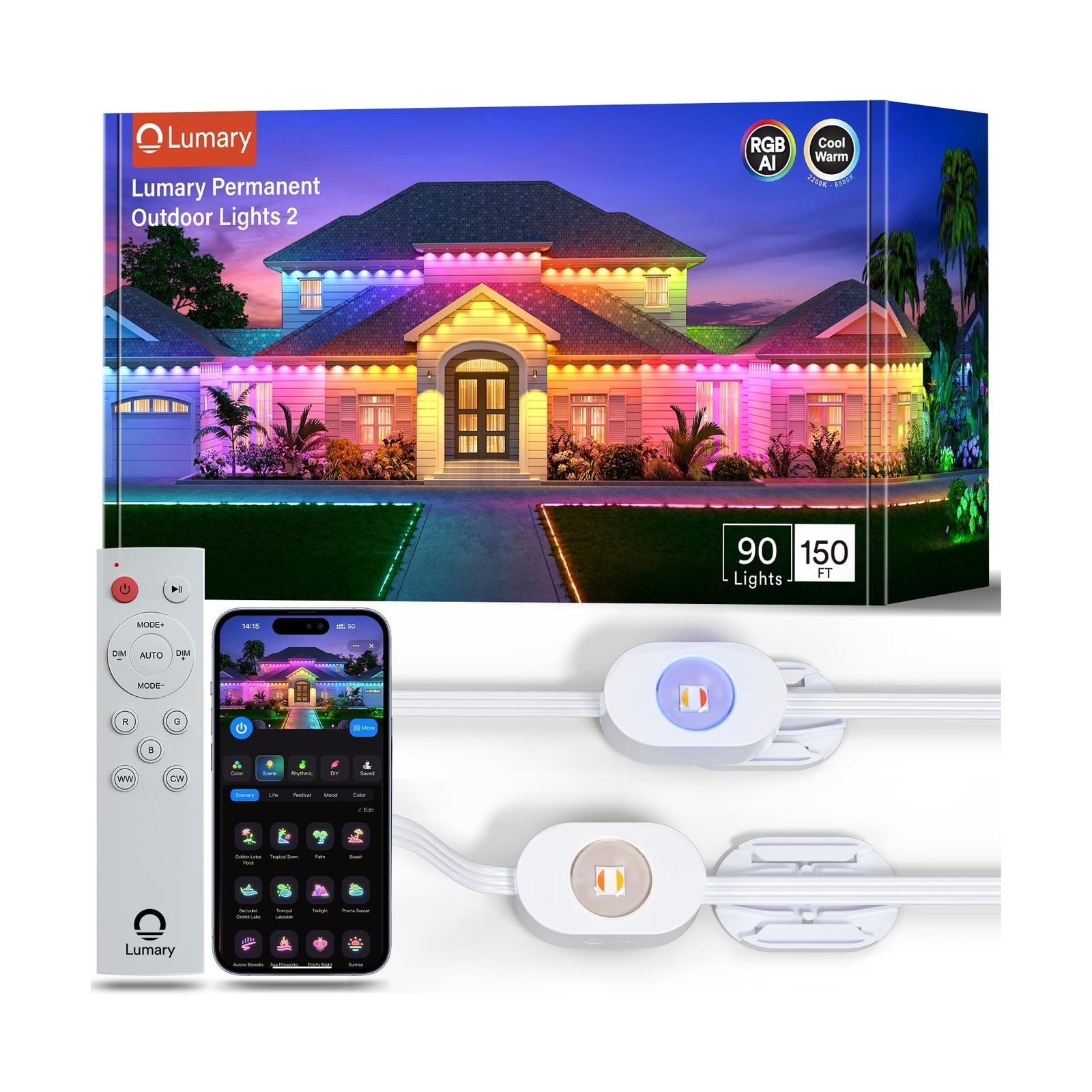 Lumary Permanent Outdoor Lights 2 with Remote, Slide-Base, 150ft with 90 RGBA...