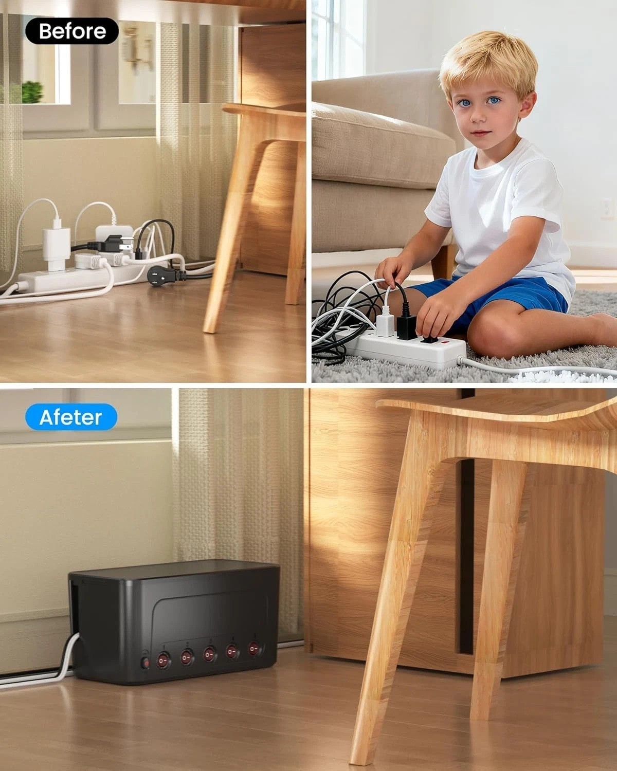 Black Power Strip Box: 10 AC + 3 USB Surge Protector, Cable Management, PD 20...