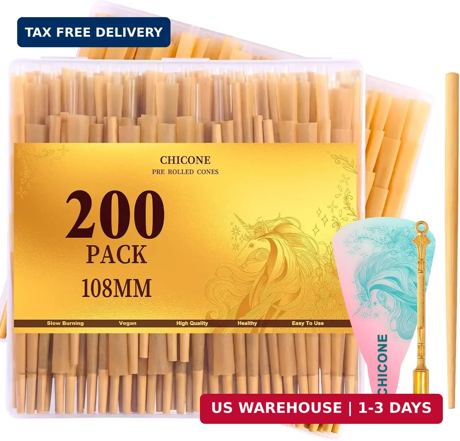 Cones Rolling Paper 108mm Preroll 200 Pack Rolled Cones -Natural Slow-Burning...