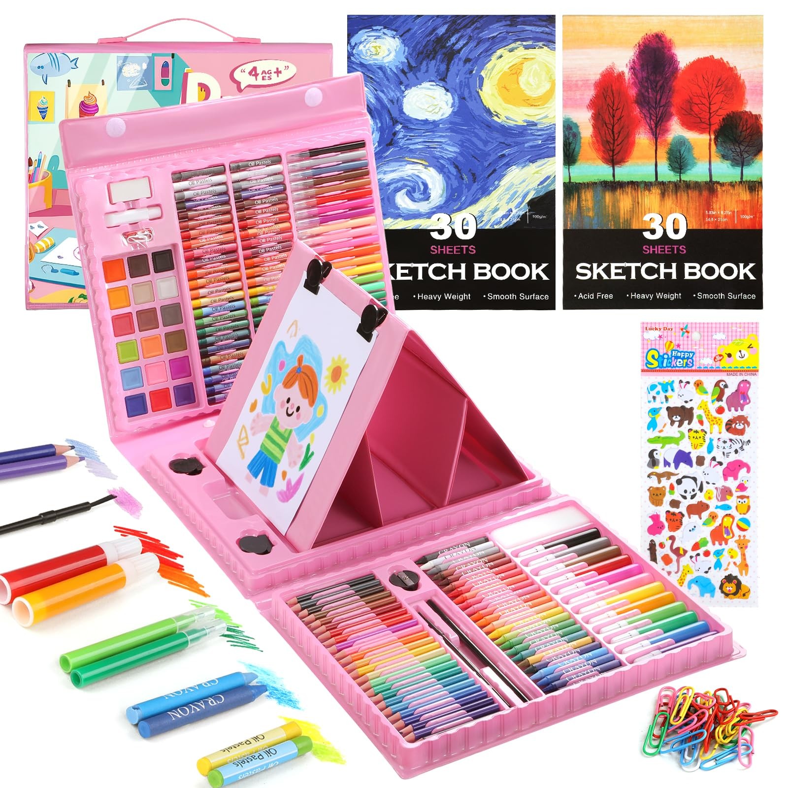 TMOL 237-Piece Kids Art Set with Double-Sided Easel, Watercolor, Oil Pink