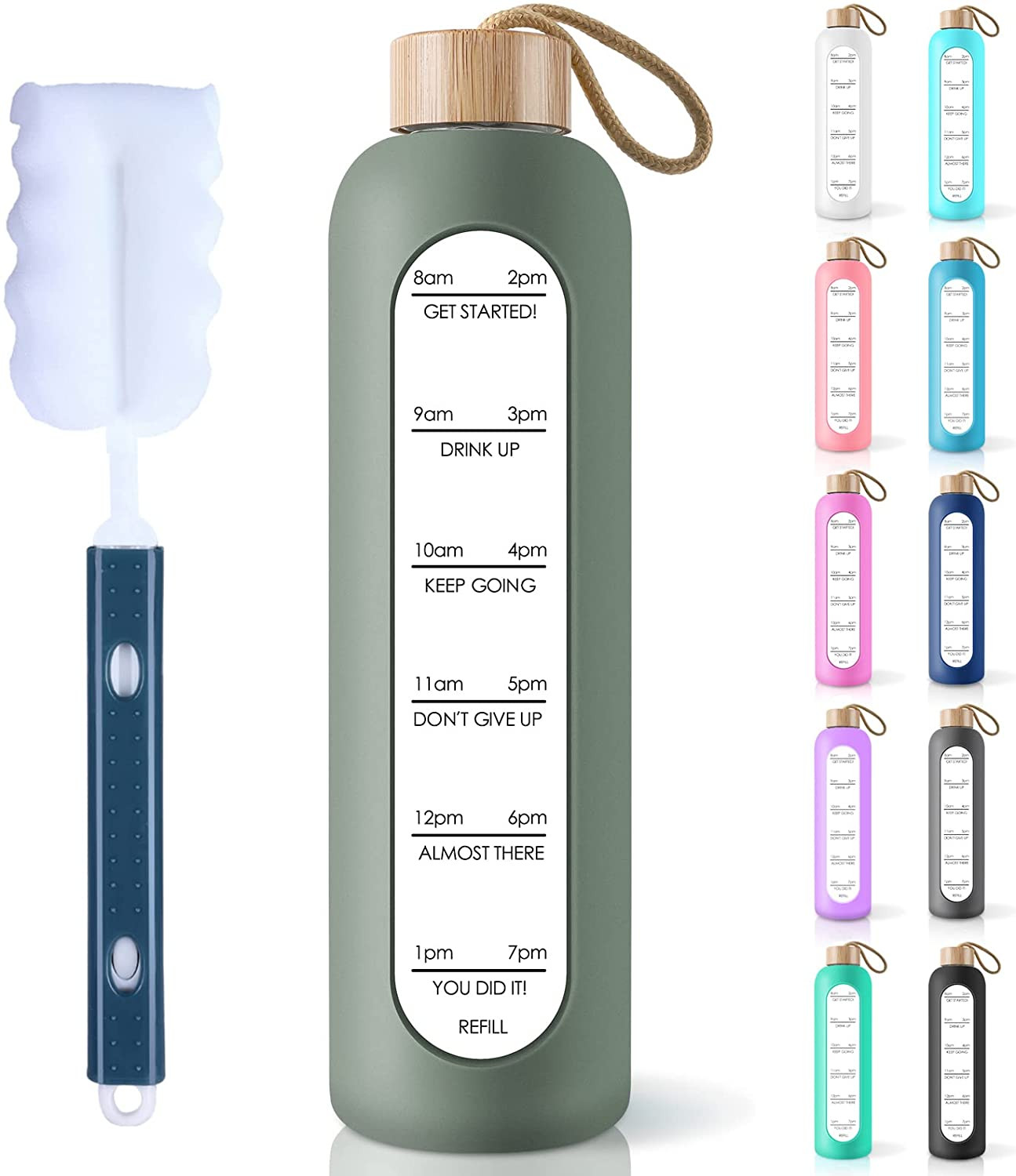 Borosilicate Glass Water Bottle with Time Marker Reminder Quotes, 1 Liter Lea...