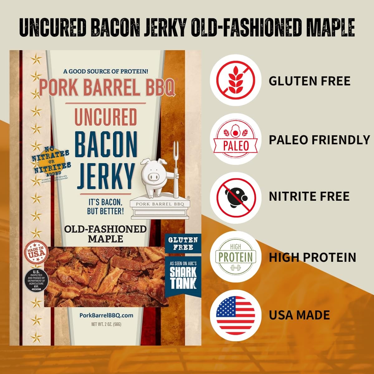 Pork Barrel BBQ Uncured Bacon Jerky Old-Fashioned Maple Sweet Maple Brown