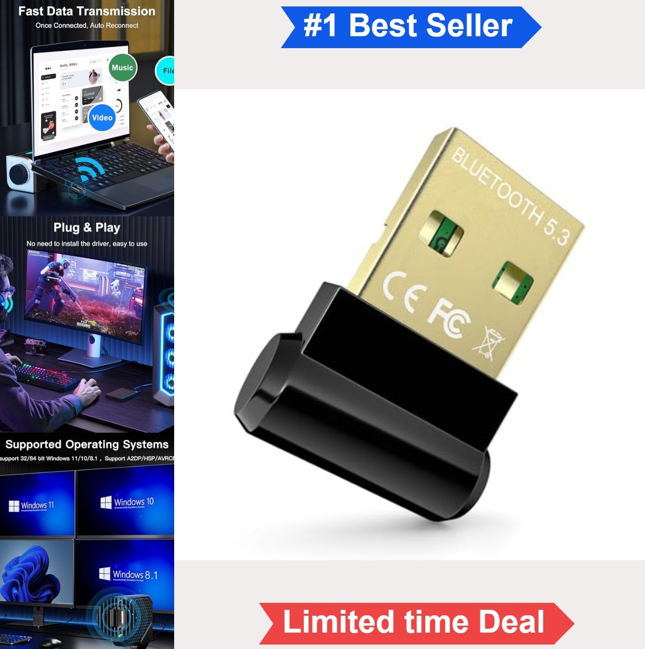 Bluetooth Adapter 5.3 USB Mini Dongle Receiver Transmitter for Desktop PC Laptop