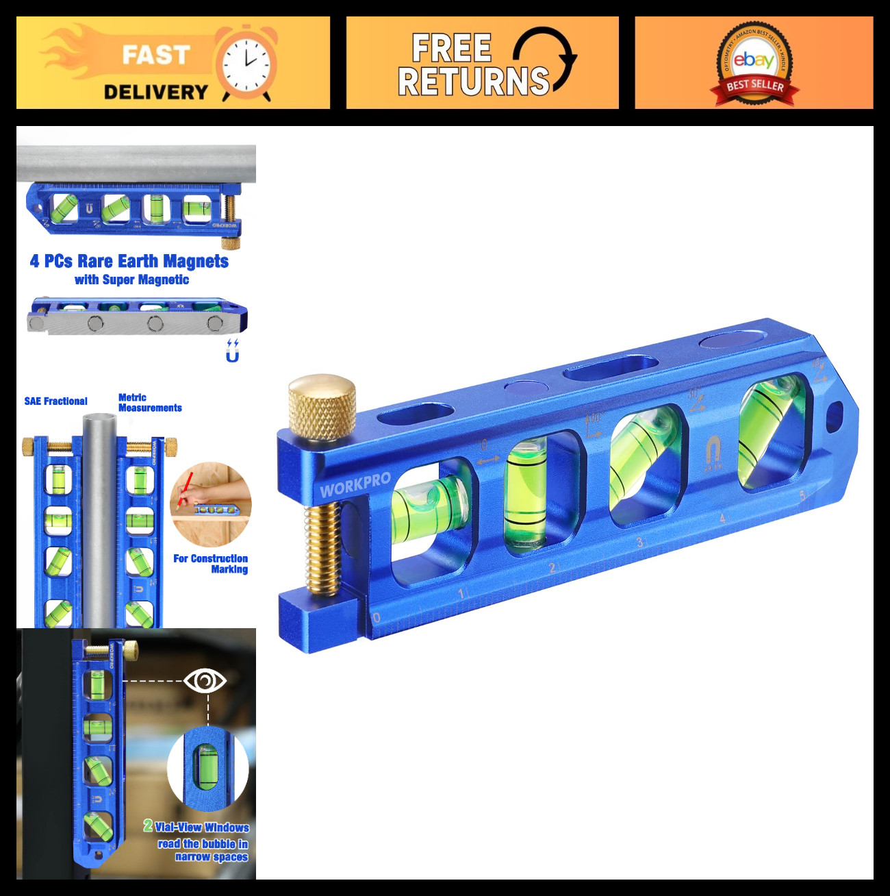 Magnetic Torpedo Level - Conduit Bending Tool, 6.3" Aluminum, 0°/30°/45°/90° Via