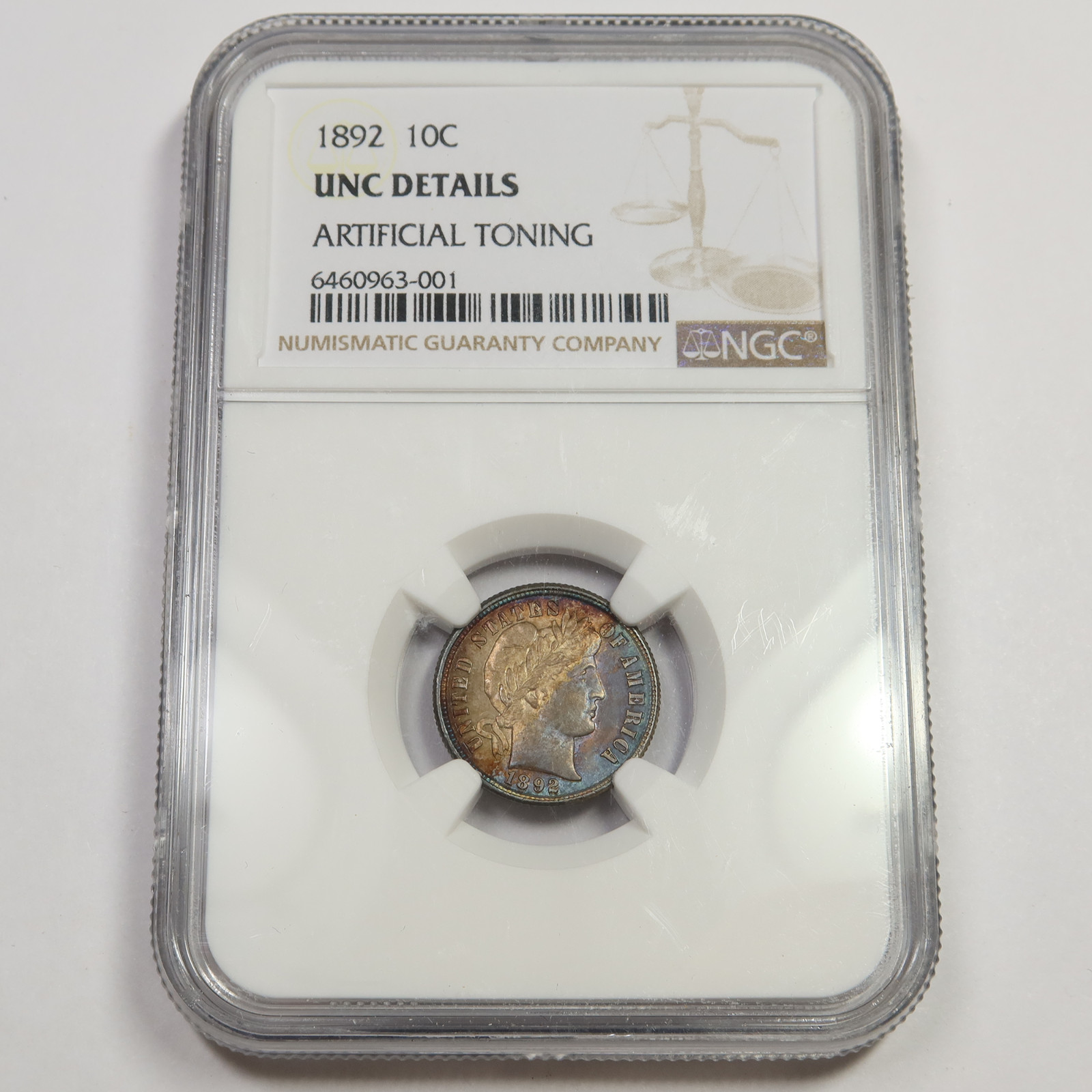 1892 P NGC UNC Details - TONED Silver Barber Dime US Coin #47390B