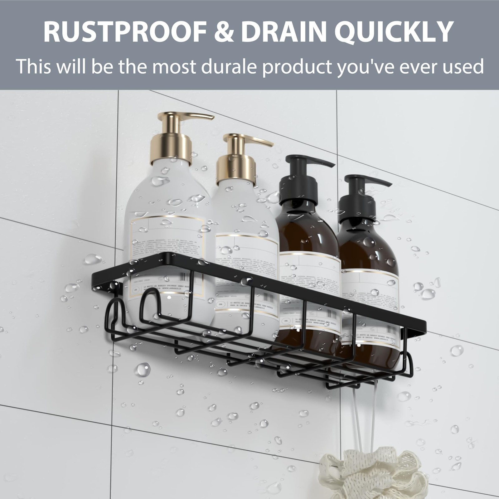 Uninol Shower Caddy Organizer with Hooks,Self Adhesive Bathroom 2 Pack, Black