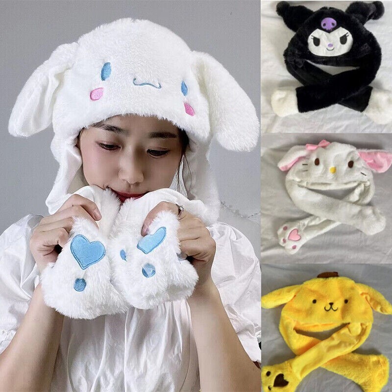 Cinnamoroll Kuromi Plush Cap Moving UP Ear Hat Women Girls My Melody Warm Hat