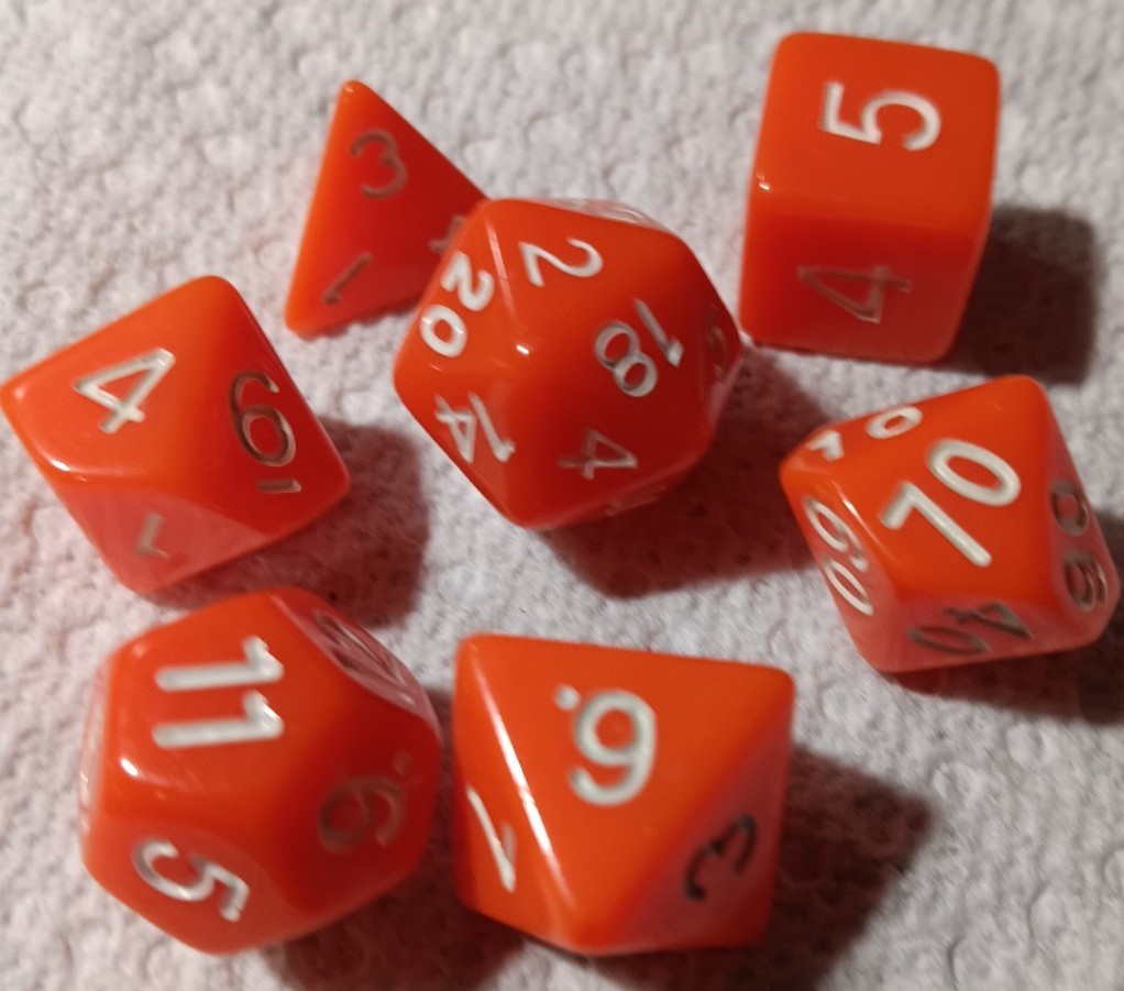 DND 7-pc Dice Set, Orange with white numbers D3 D4-D6-D8-D10-D12-D20       #102
