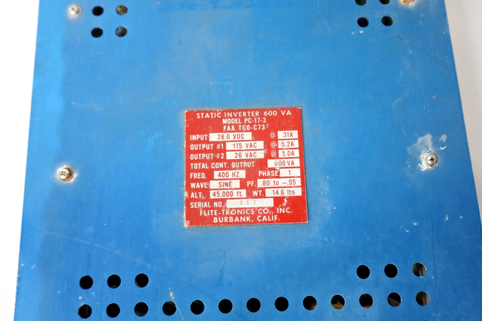 Flite-Tronics PC-17-3 Static Inverter 600VA (28 VDC)