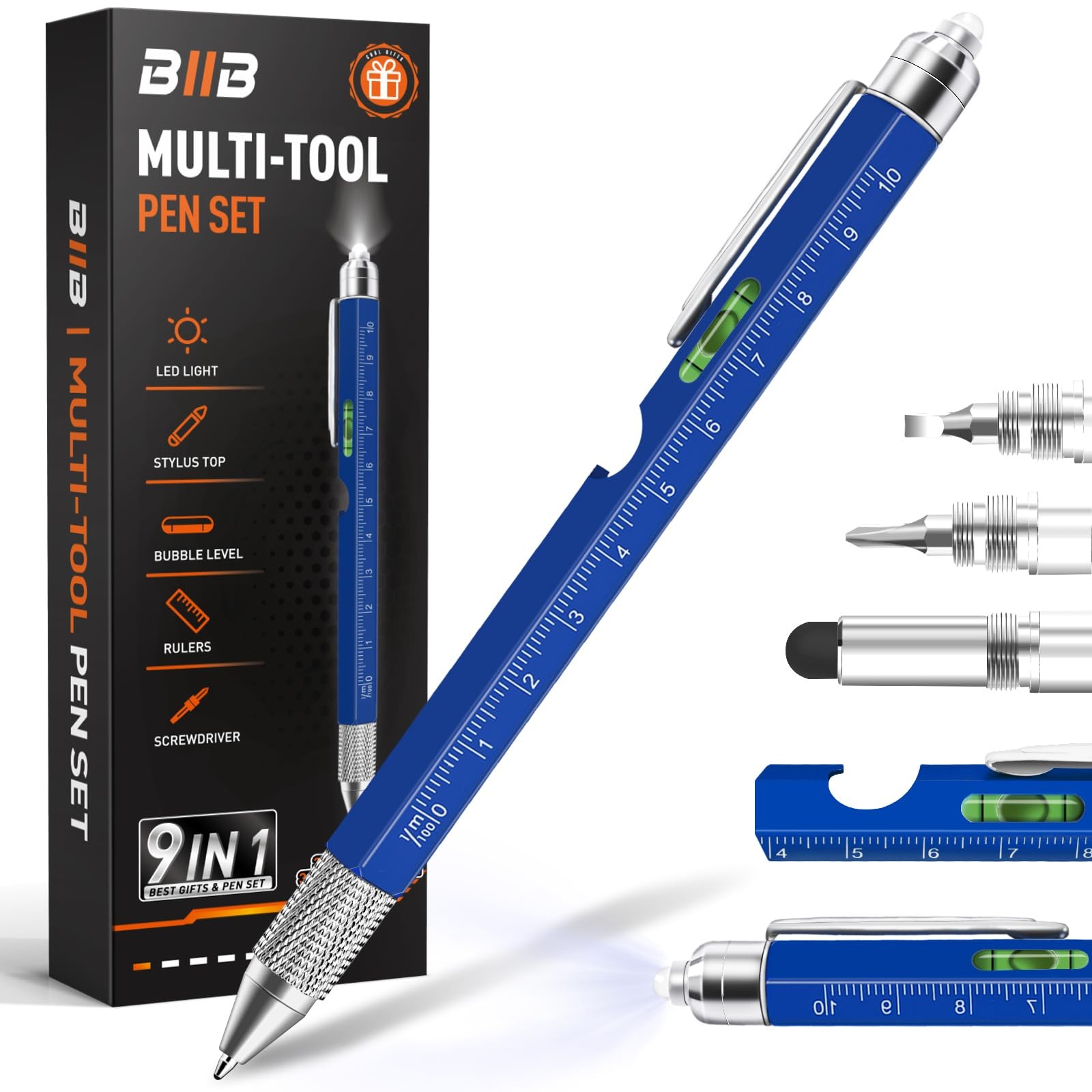 BIIB Mens Gifts 9-in-1 Multitool Pen with LED, Christmas Gift for Men Blue