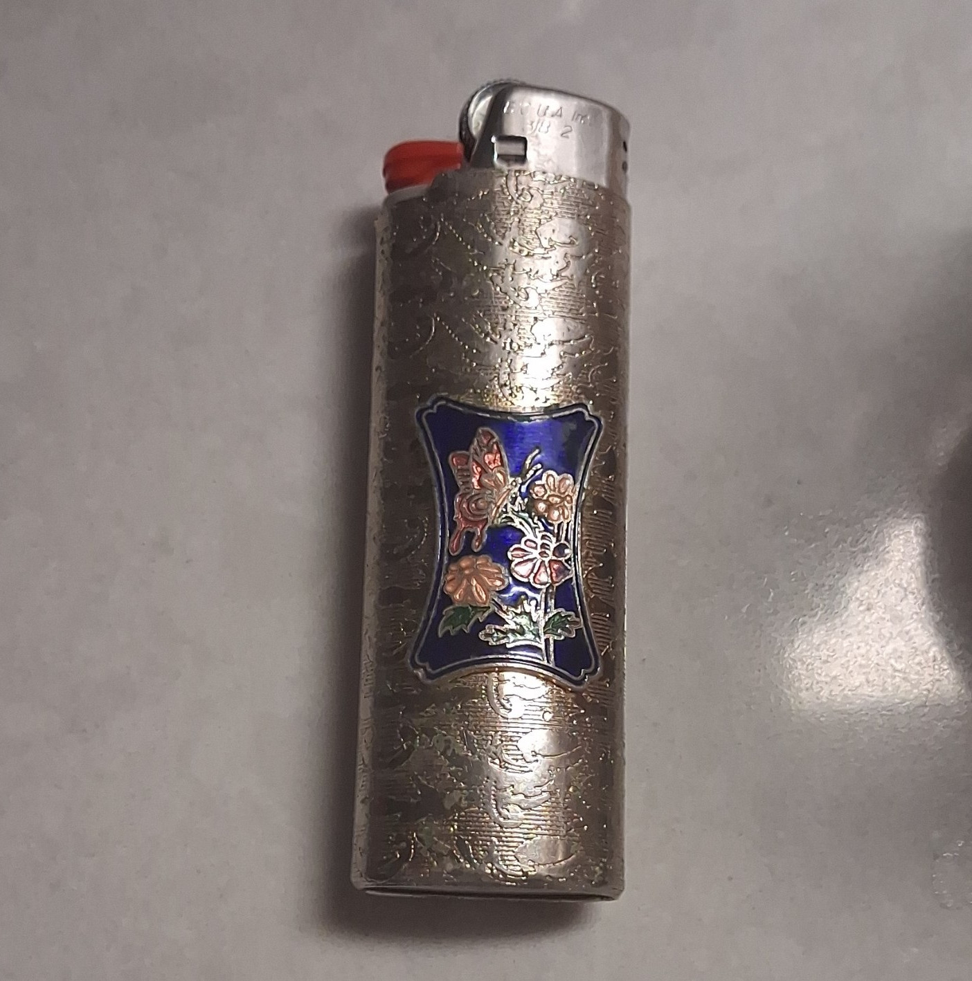 Mechanical Lighter Silver Tone Metal Sleeve w/ Blue Floral Enamel Inlay