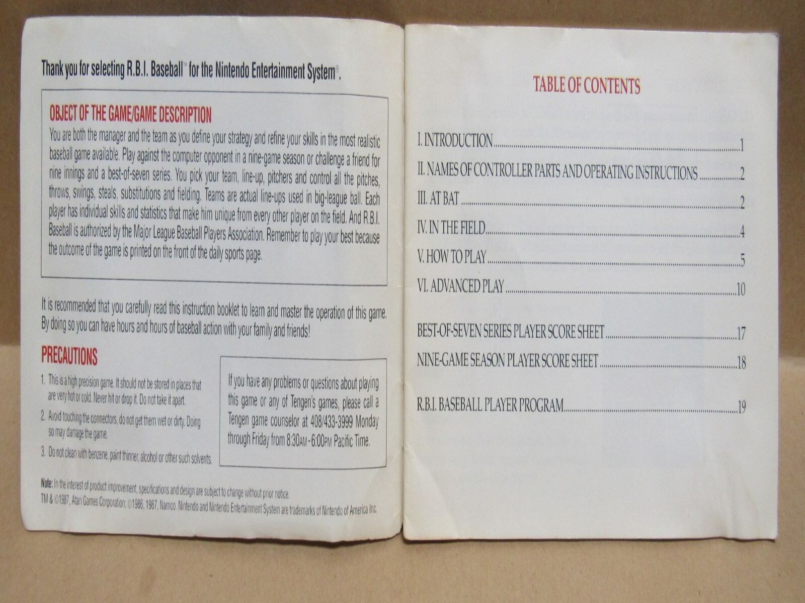 R.B.I. BASEBALL Manual - no game .... NES Nintendo