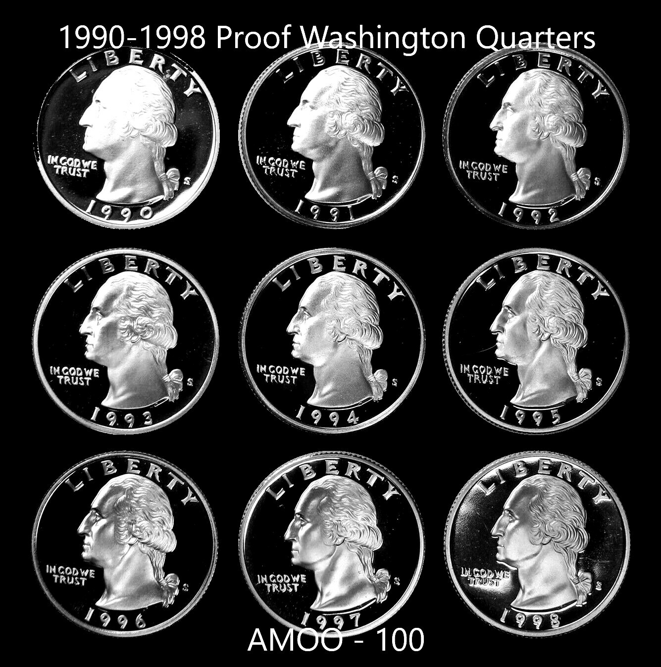 1990 - 1998 S Proof Washington Quarter 9 Coin Set