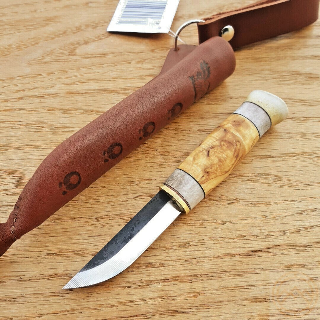 Wood Jewel Fixed Knife 2.25" Carbon Steel Blade Curly Birch Handle w/Sheath 23P