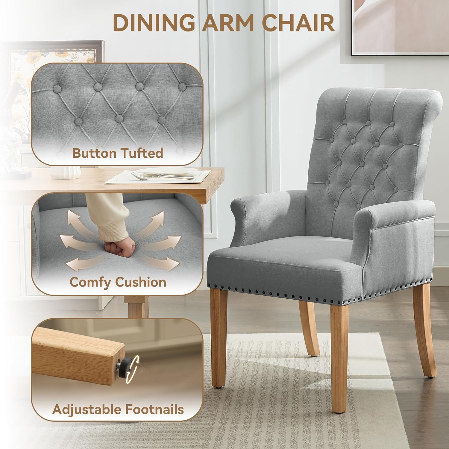 Fabric Dining Chair with Arms, Upholstered Tufted High Back Dining Room Chairs,