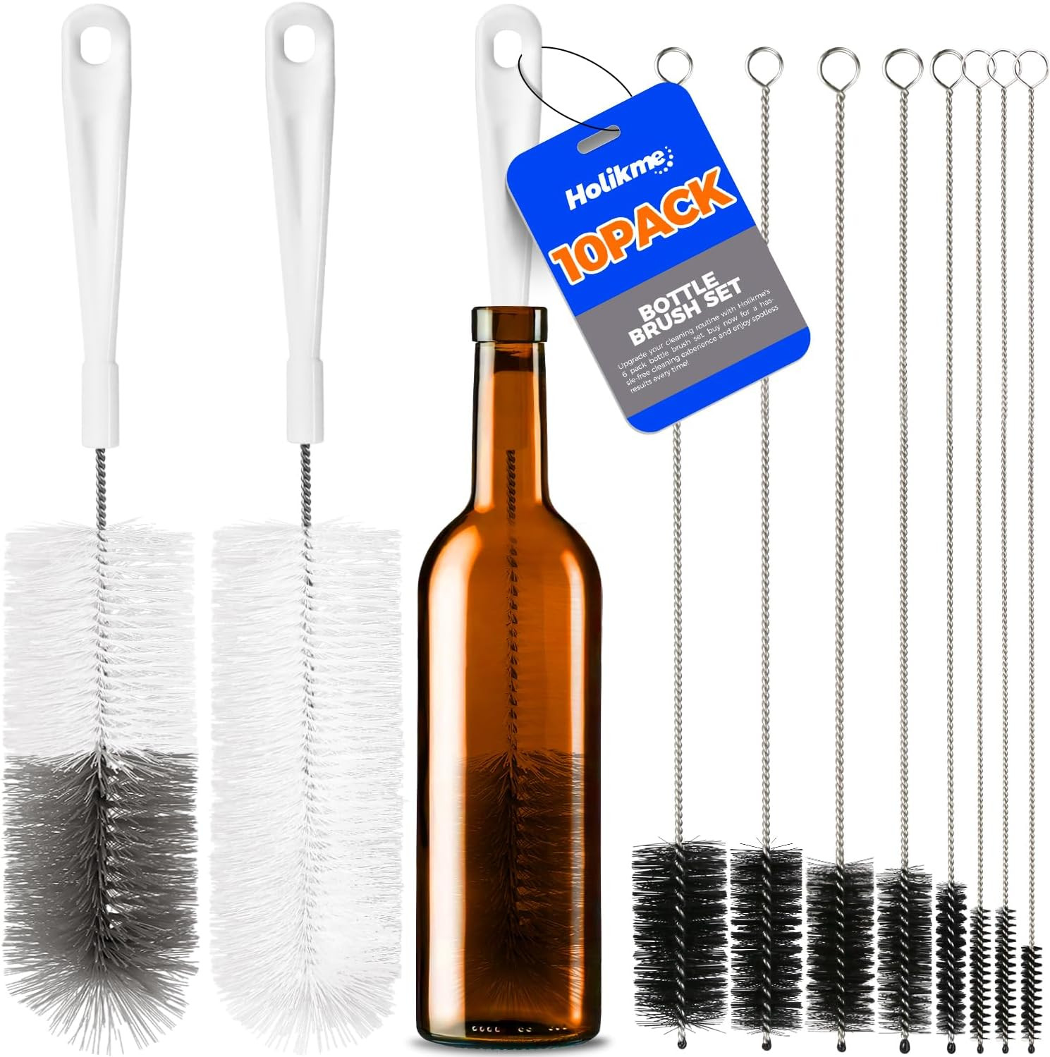 10 Pack Bottle Cleaning Brush Set, 15" Long Bottle Brushes with Straw Cleaners