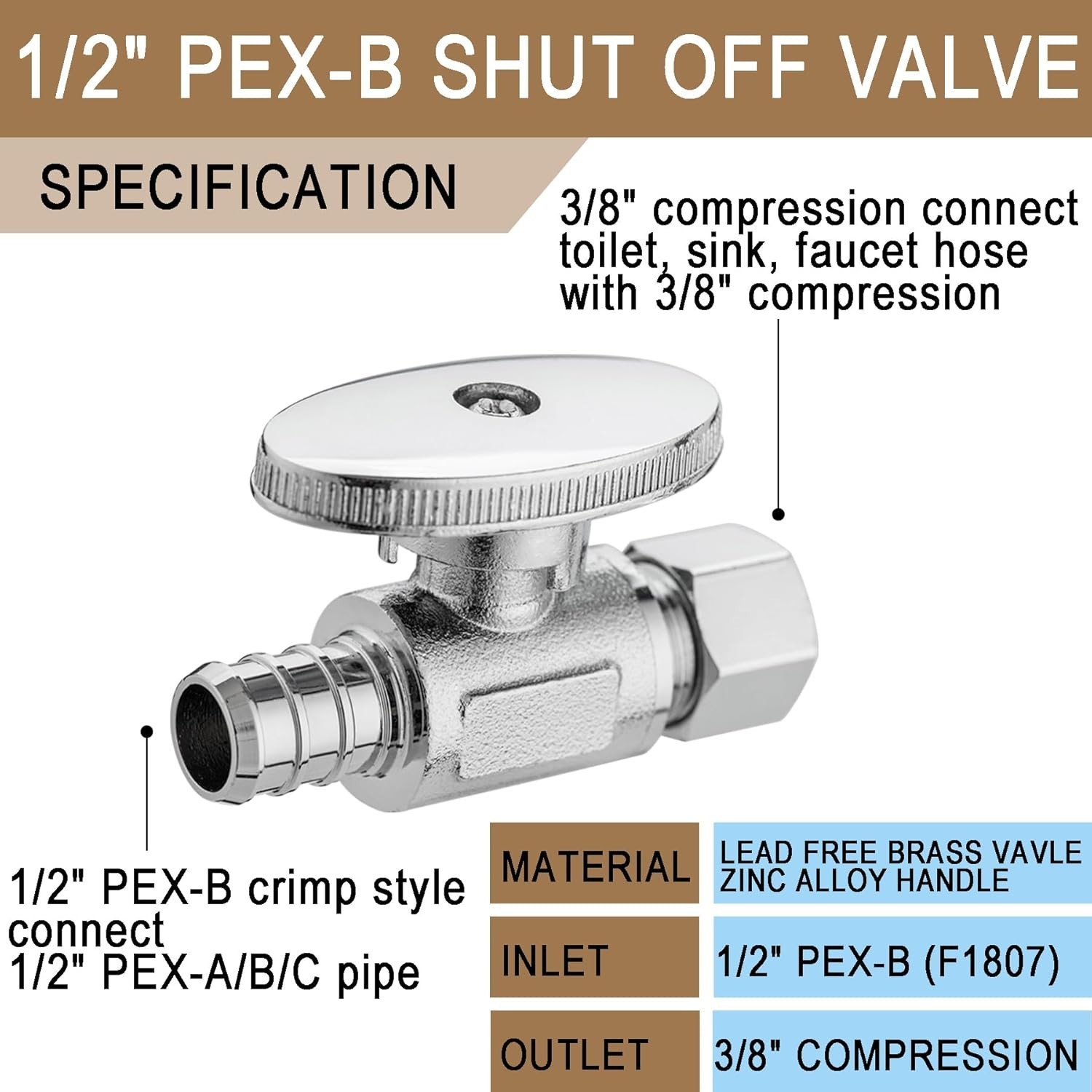 10PCS 1/2" PEX x 3/8" Compression Angle Stop Valve Brass Shut Off Valve