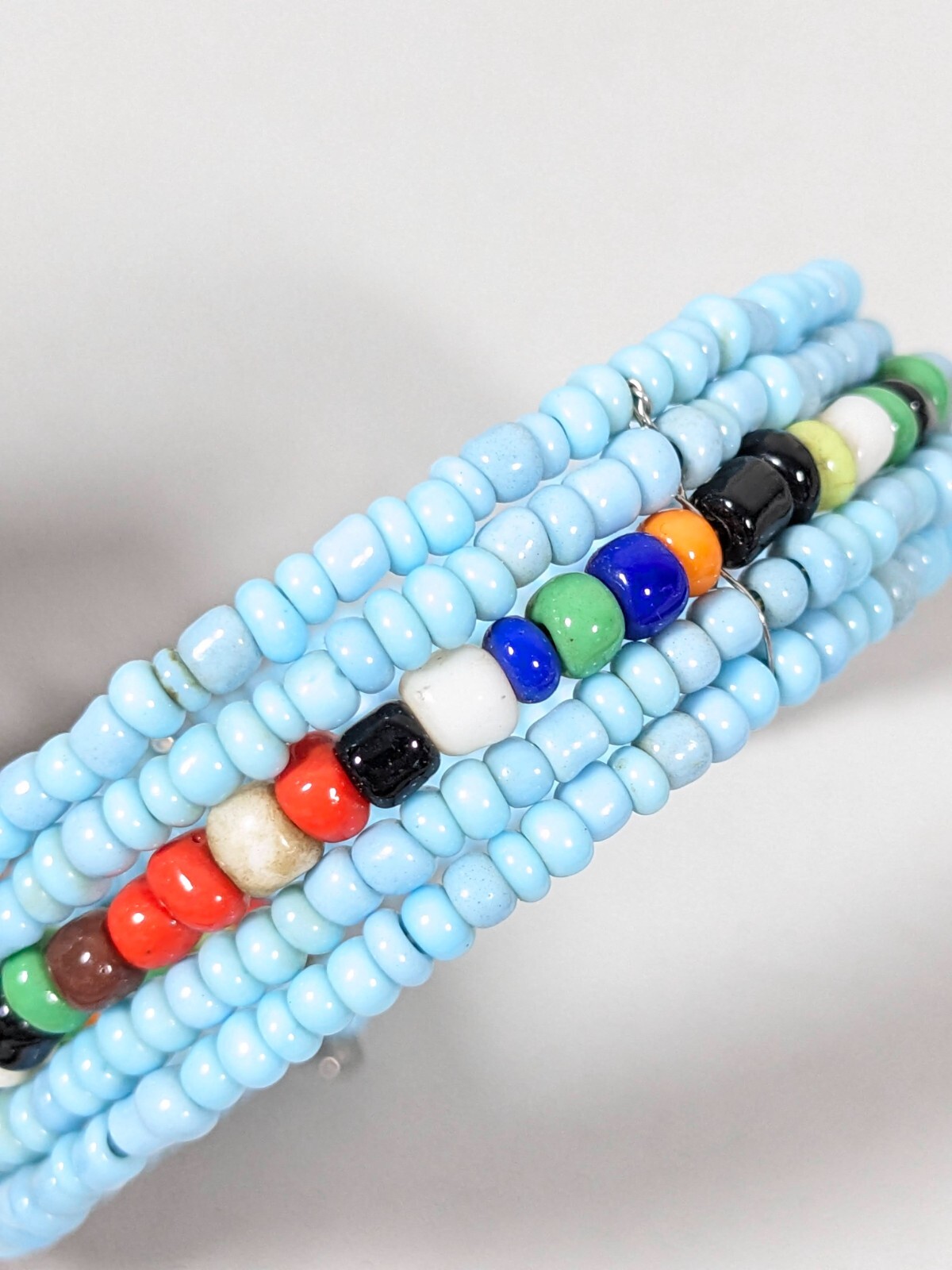 Beachy Coastal Boho Blue Colorful Glass Bead Open Bangle Cuff Bracelet 7.5 inch