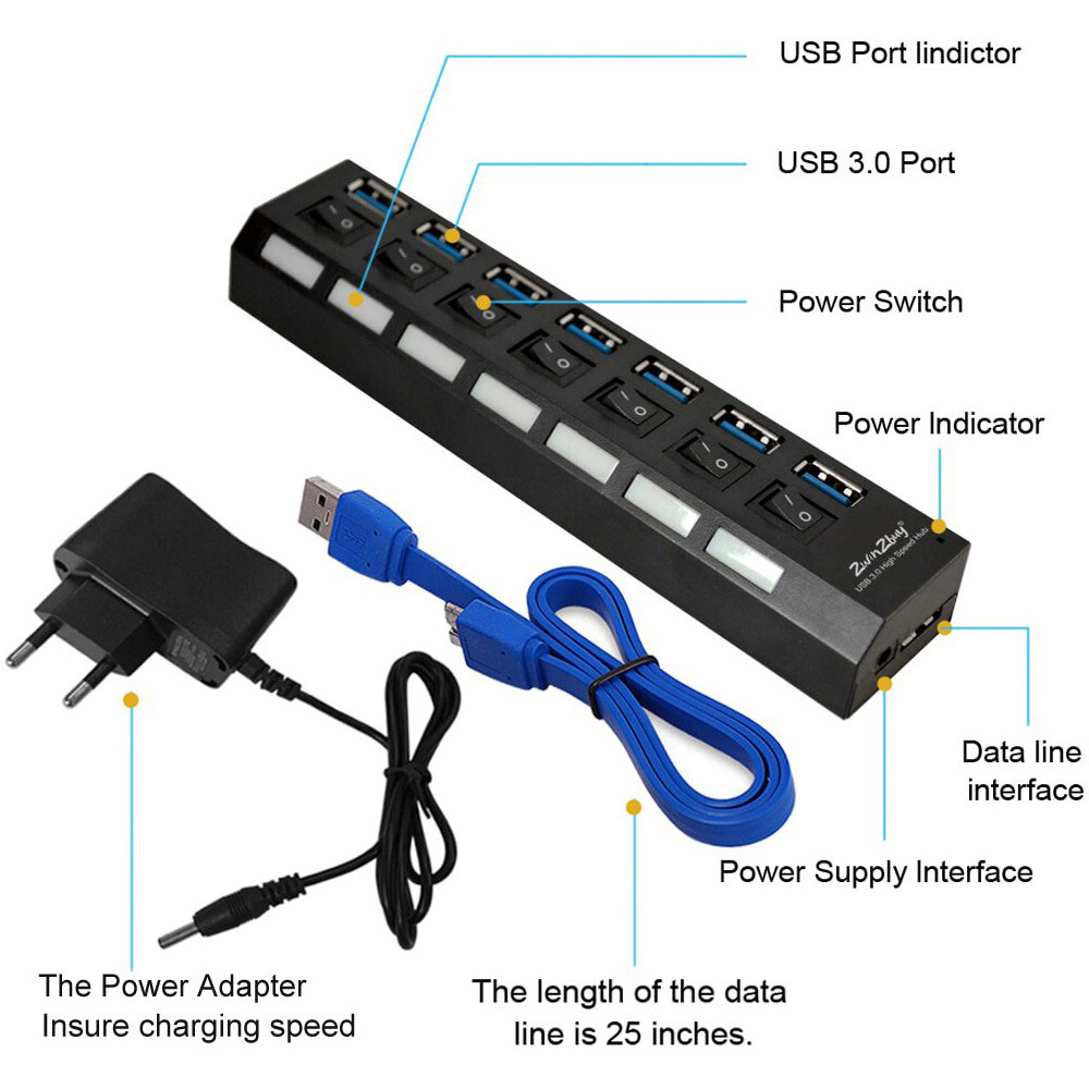 7 Port USB 3.0 Hub Splitter Adapter High Speed Extension For PC Laptop Desktop