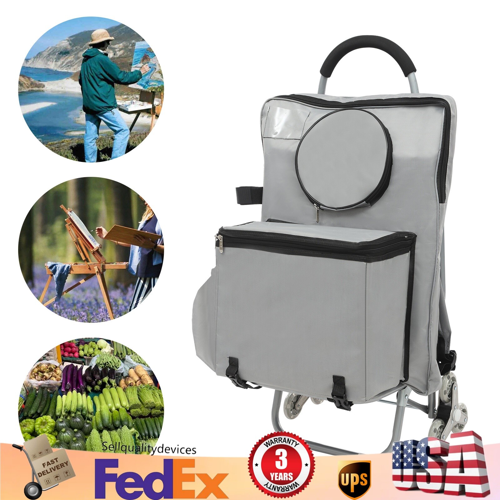 Portable Folding Wheeled Art Chair Cart Rolling Big Chair Cart With Storage NEW