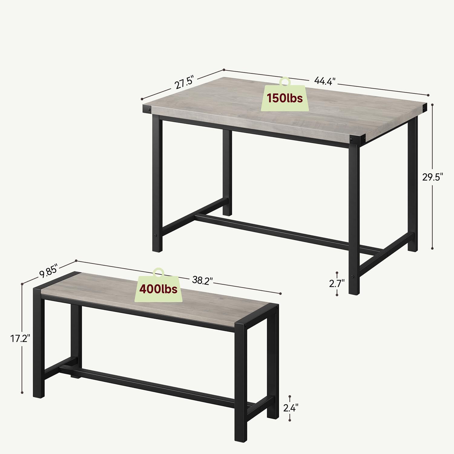 Dining Table Set for 4 Dinette Home Rectangular Kitchen Table and 2 Benches Grey