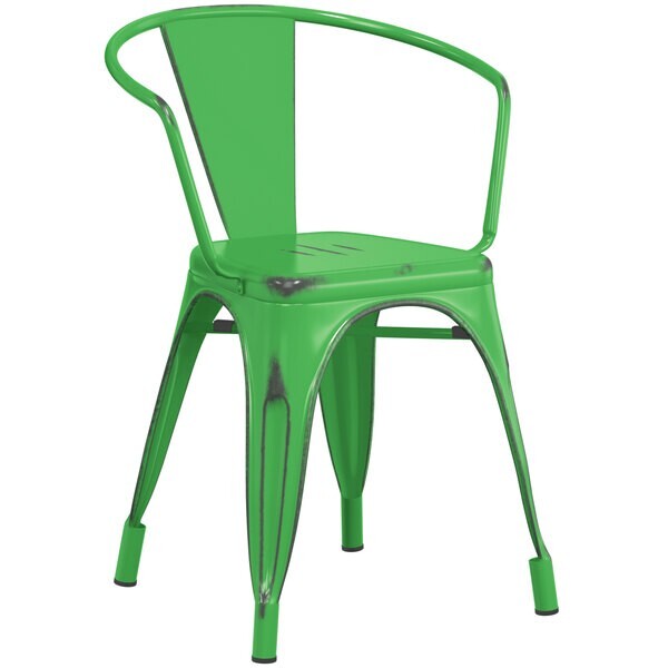 Cafe Style Stackable Distressed Green Metal Restaurant Chair For Outdoor Use